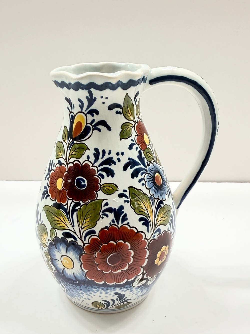 1960s Oud Delft Pottery Jug Pitcher Vase Hand Painted Polychrome Floral 6.5” Vtg